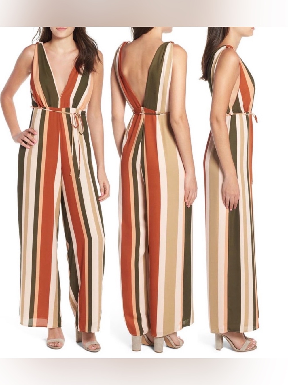 4SI3NNA Plunging Striped Wide Leg, Flare Jumpsuit